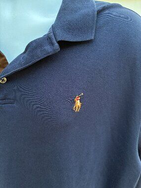 Polo Ralph Lauren 100% Cotton Navy Shirt Faux Suede Collar Colored Horse Logo XL